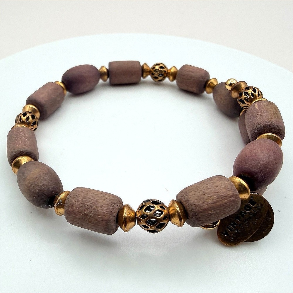 Vintage 66 Gold Tone Wooden Beaded Boho‎ Bracelet Women's Classic Jewelry